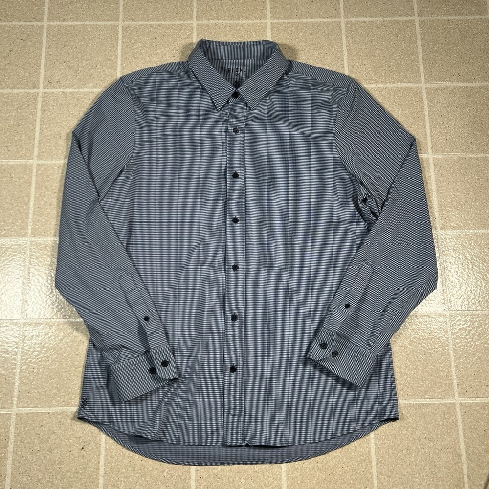 Rhone Commuter Dress Shirt Sz XL Blue Micro Check Performance Stretch Button Up